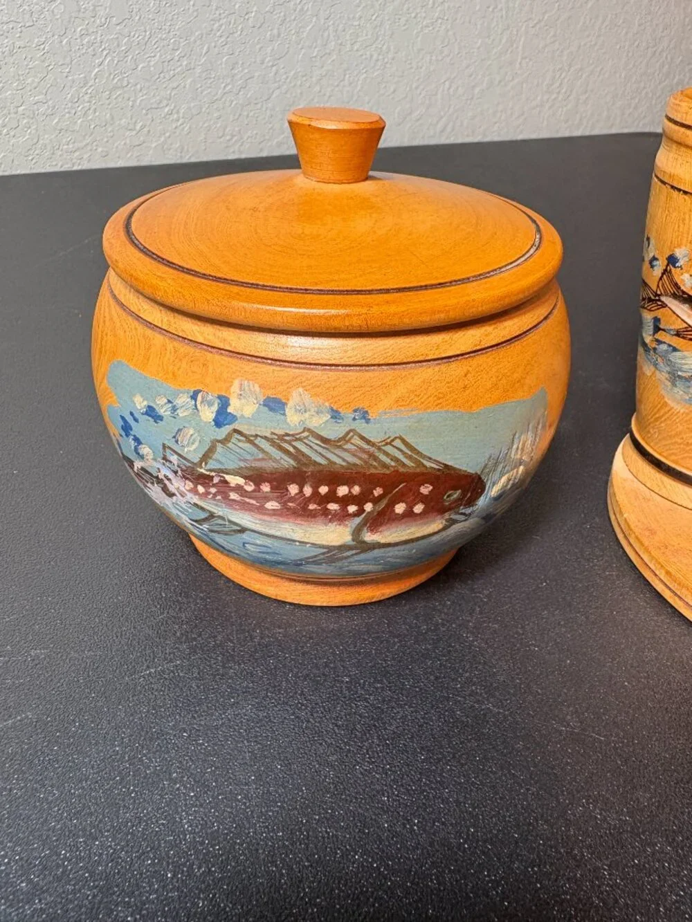 Mid Century Handmade & Painted Wooden Bowl & Utensil Holder Peru
